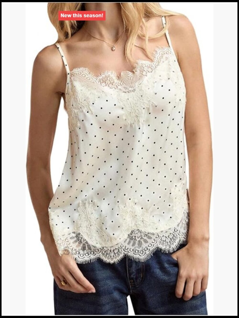 Women's Polka Dots Satin Camisole V-Neck Lace Trim Tank Top